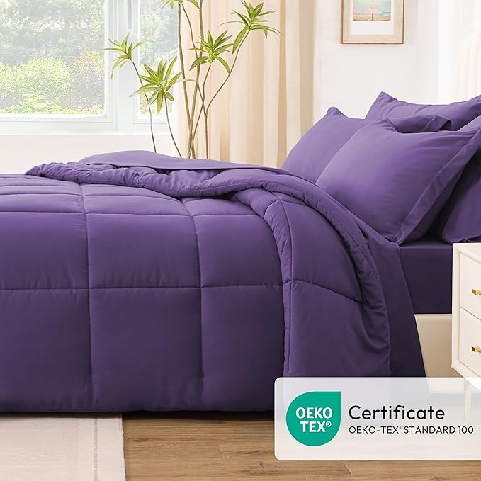 Love's cabin Queen Comforter Set Dark Purple, 7 Pieces Queen Bed in a Bag, All Season Bedding Sets with 1 Comforter, 1 Flat Sheet, 1 Fitted Sheet, 2 Pillowcase and 2 Pillow Sham