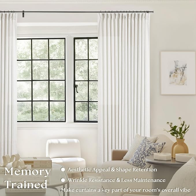 Beige White Pinch Pleated Linen Curtains 132 Inches Long 2 Panels | 400GSM - Image 2
