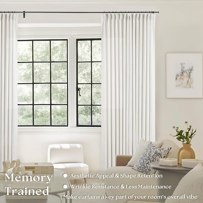 Beige White Pinch Pleated Linen Curtains 94 Inches Long 2 Panels | Memory - Image 4