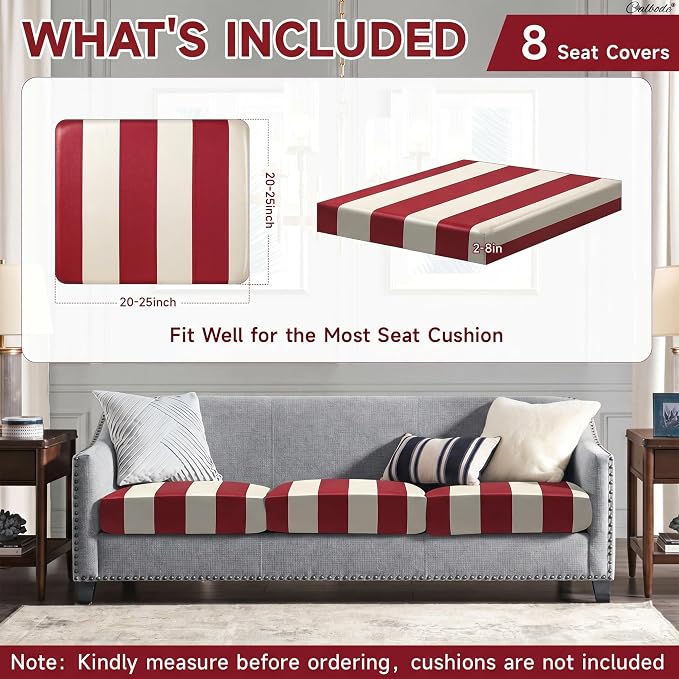 CALBODE 8 Pcs Stretch Outdoor Seat Cushion Covers, Washable Striped Chair Seat - Image 2