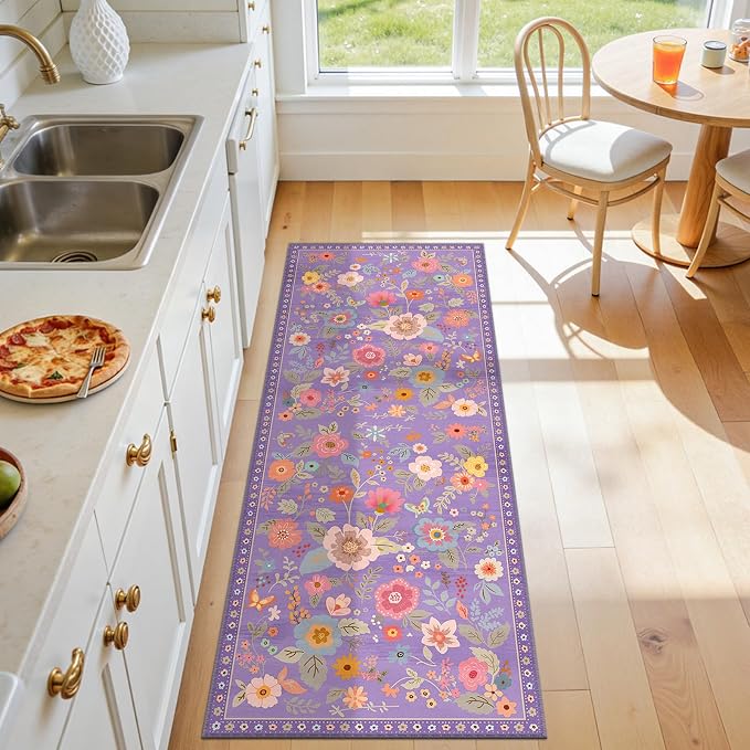 Floral Washable 2x5 Area Rugs Runner Entryway Hallway Purple/Pink | Flower - Image 6