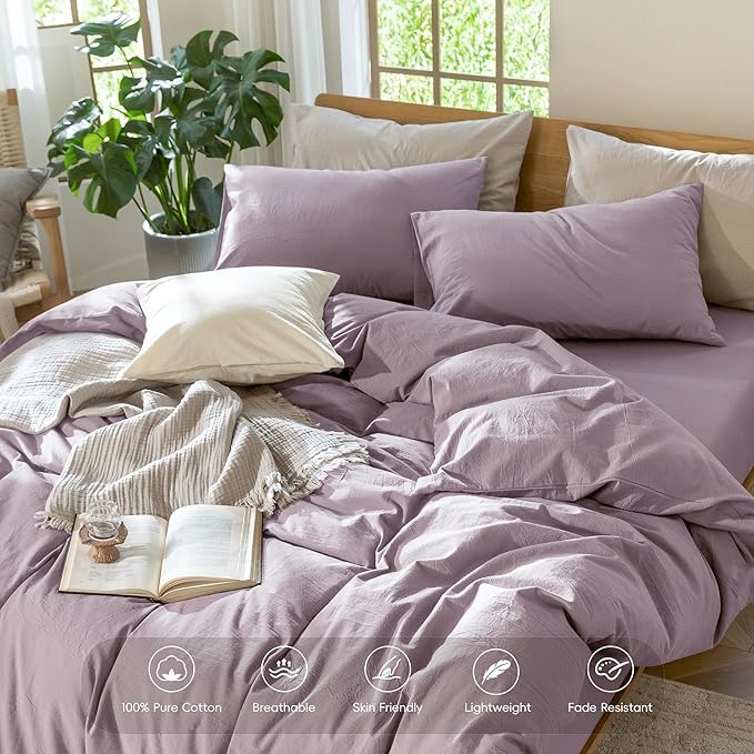 MooMee Bedding Duvet Cover Set 100% Washed Cotton Linen Like Textured Breathable Durable Soft Comfy (Solid Taro Purple, Super Queen 90"x98")