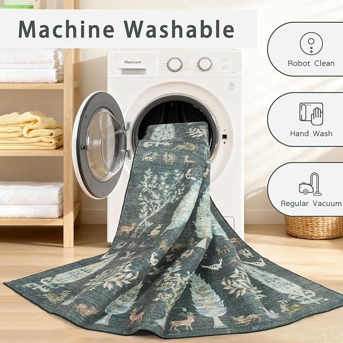Washable Rugs 8x10 Area Rug for Living Room, Dining Room-Dark Green | Ultra - Image 4