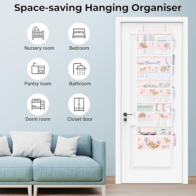 Clastyle Animals Over The Door Organizer Star Nursery Hanging Storage Organizer for Kids Clothes Diaper Toy Closet Door Hanging Shelf Storage for Bedroom Bathroom Pantry, Balloon, 5-Tier