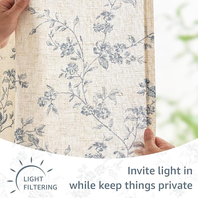 Blue on Beige Linen Kitchen Curtains Rod Pocket 26W X 36L 2 Panels | Elisa - Image 6