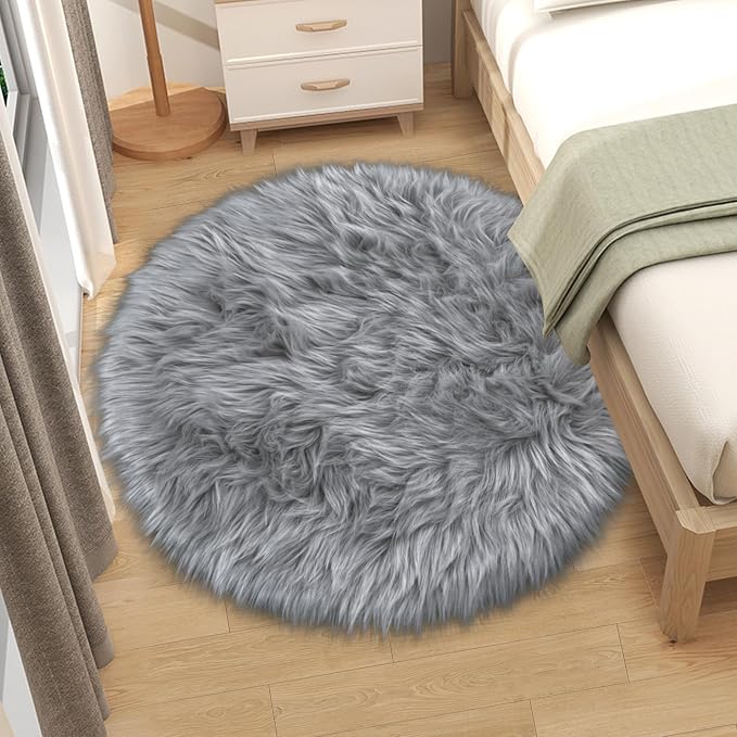 Grey Round Rugs for Bedroom, 4x4 Ft Fluffy Circle Area Rug for Kids Room - Image 5