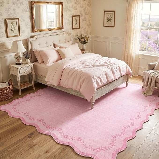 GarveeHome 5x7 Scalloped Area Rug Pink Washable Bedroom Living Room Rug | Soft - Image 2