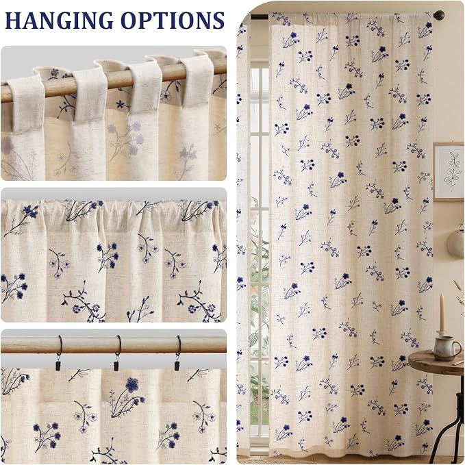 Dark Blue Floral Embroidered Light Filtering Curtains 84 Inch 2 Panels - Image 5