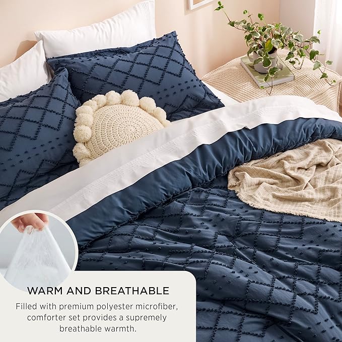 Bedsure California King Comforter Set - Navy Blue Comforter, Boho Tufted Shabby Chic Bedding for Kids, 3 Pieces Vintage Farmhouse Bed Set for All Seasons, Fluffy Soft Bedding with 2 Pillow Shams