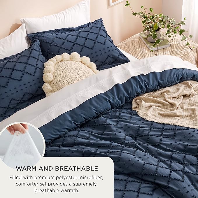 Bedsure King Comforter Set - Navy Blue Comforter, Boho Tufted Shabby Chic Bedding for Kids, 3 Pieces Vintage Farmhouse Bed Set for All Seasons, Fluffy Soft Bedding with 2 Pillow Shams