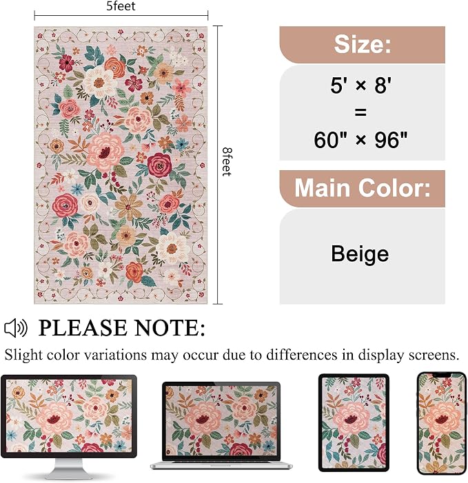 DUKINO 5x8 Area Rug for Bedroom, Soft Floral Washable Rug Non Slip, - Image 2