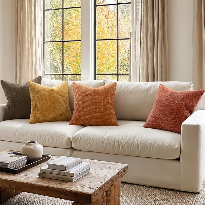 MIULEE Decorative Chenille Fall Pillow Covers Orange Brown 18x18 Pack of 4 | - Image 4