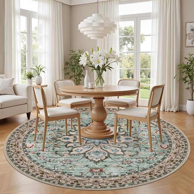 Round Area Rug for Living Room: 6ft Boho Washable Rug Brown Green | Vintage - Image 3