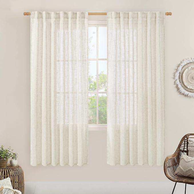 68 inch Semi Sheer Linen Curtains 2 Panels, Light Filtering Panels | Cream Ivory by LAMIT