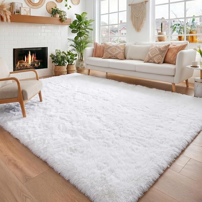 Amdrebio White Fluffy Fuzzy Furry Area Rug 4x6 by Amdrebio