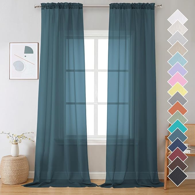 Dusty Blue Sheer Curtains 108 Inches Long, Light Filtering Semi Transparent by OVZME