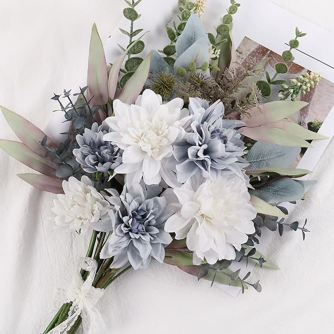 Fake Artificial Flowers Bouquet for Decoration, Silk Floral Arrangements Faux Flowers Plant Wedding Bride Bouquets Tables Centerpieces for Rustic Home Decor Indoor Vase Floral Table Decor (Blue White)