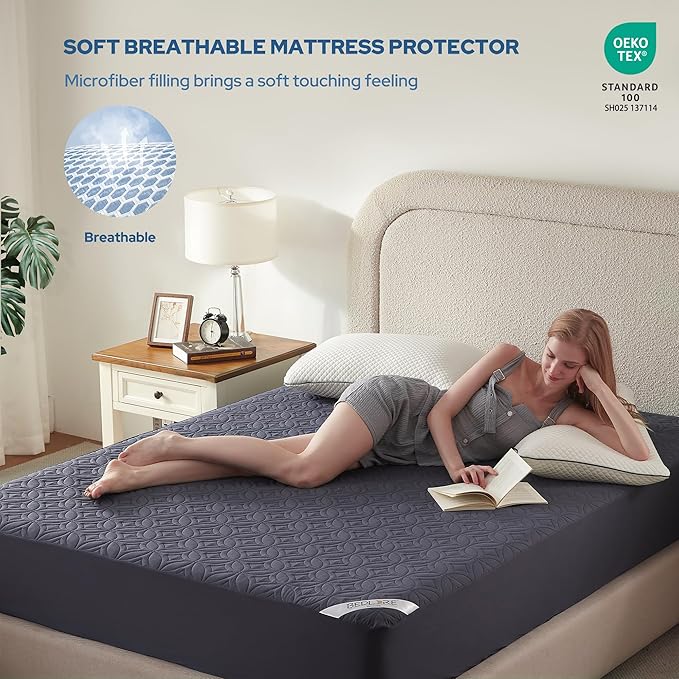 BEDLORE Waterproof Mattress Protector, Cal King Size Mattress Pad with Deep Pocket 6"-18" Depth, Soft Dirt-Proof Double Bed Mattress Cover for Bedroom, College Dorm, Hotel (Navy Blue)
