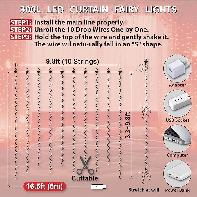 HXWEIYE 300LED Fairy Curtain Lights, 9.8x9.8Ft USB Plug-in 8 Modes Christmas String Hanging Lights with Remote for Bedroom Backdrop Wedding Party Indoor Wall Decor, Red, Standard