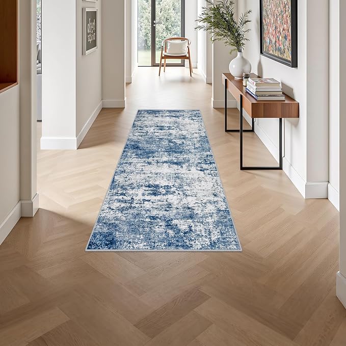 2x5 Washable Runner Rug：Modern Abstract Kitchen Soft Carpet Blue | - Image 4