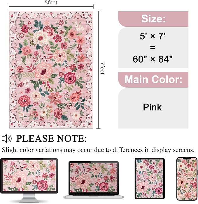DUKINO 5x7 Area Rugs, Floral Washable Rug - Image 2