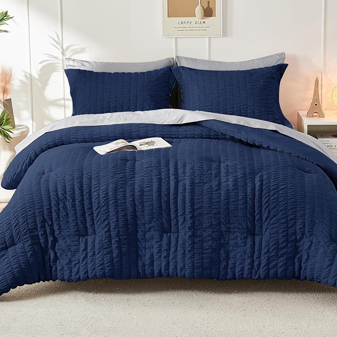 HYMOKEGE Navy Blue/Light Grey King Size Comforter Set Seersucker 7 Pieces, All Season Luxury Bed in a Bag for Bedroom, Bedding Set with Comforter, Sheets, Pillowcases & Shams