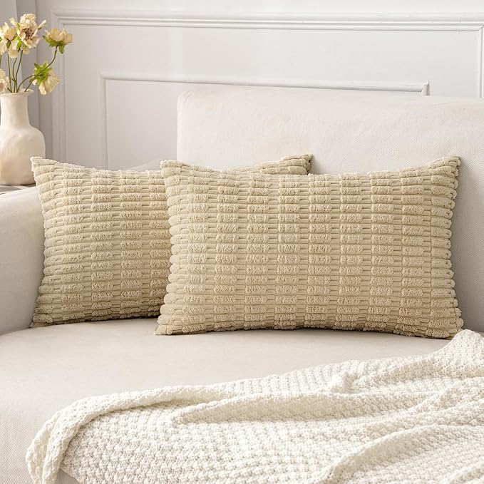 MIULEE Lumbar Corduroy Decorative Throw Pillow Covers 12x20 Tan Pack of 2 | by MIULEE
