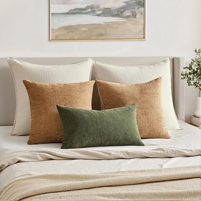 MIULEE Olive Green Chenille Couch Lumbar Throw Pillow Covers, 12x20 | Set of 2 - Image 4