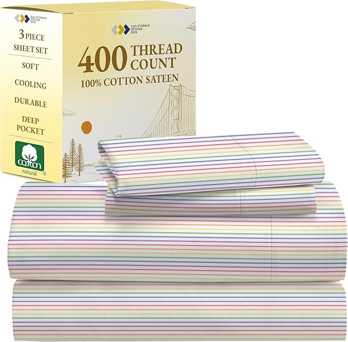 California Design Den Printed Twin XL Sheet Sets - 400 Thread Count Sateen, Natural 100% Cotton Sheets, Deep Pockets, Cooling and Durable Bedding Set - Rainbow Striped