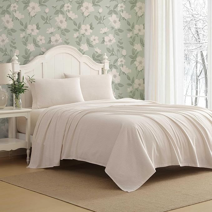 Laura Ashley - Flannel Sheets Queen Size, Anti-Pilling & Wrinkle Resistant Cotton, Soft for All-Season Comfort - Bed Sheets with Matching Pillowcases & Fitted Sheet (Oxfordshire Stripe Beige)
