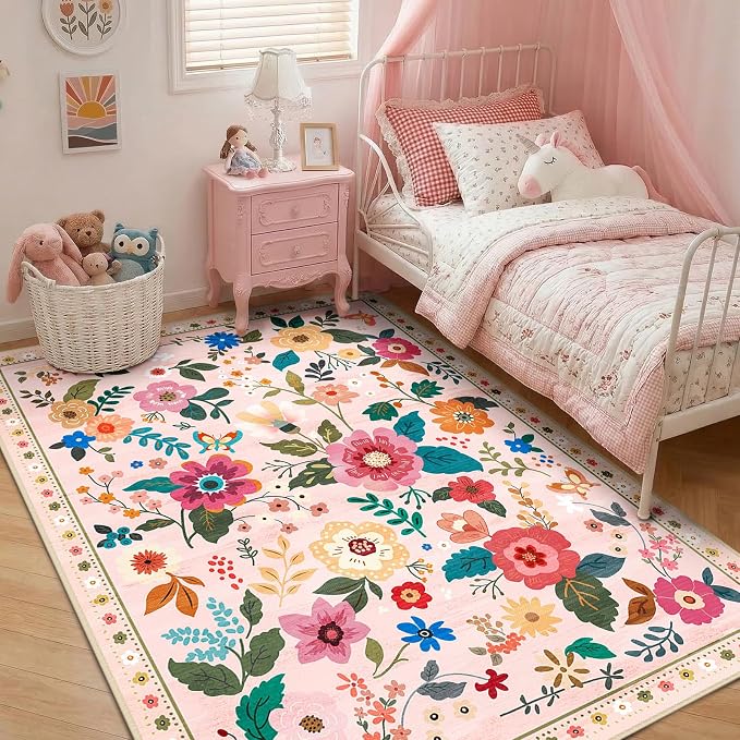 RELEANY Floral Washable 4x6 Area Rugs Pink | Flower Carpet Print Boho Cute Non - Image 8