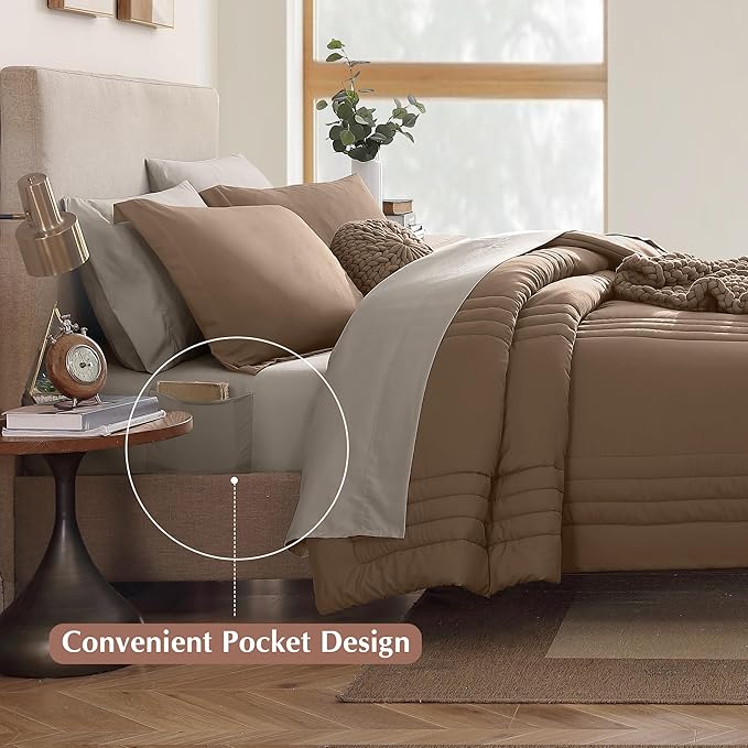 Monbix Oversized Queen Comforter Set - 7 Pieces Brown Bed in a Bag Queen Bedding Sets with Comforters, All Seasons Down Alternative Comforter Bed Set with Sheets,Pillowcases & Shams