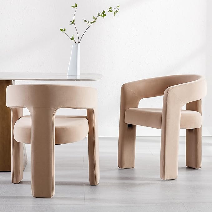 Modern Barrel Dining Chairs Set of 2 Upholstered Velvet Accent Side Chair with Arms Comfy Makeup Vanity Chairs, Dining Living Room Kitchen Chairs Armchairs, Khaki