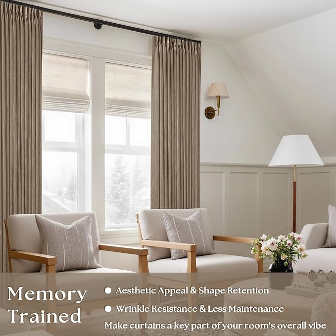 Pinch Pleat Semi Sheer Light Brown Linen Living Room Curtains 90 Inch Long | - Image 2