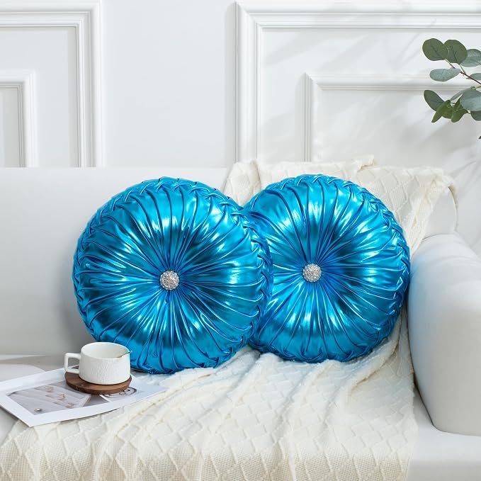 HIG Set of 2 Blue Metallic Leather Decorative Round Pleated Throw Pillows | by HIG