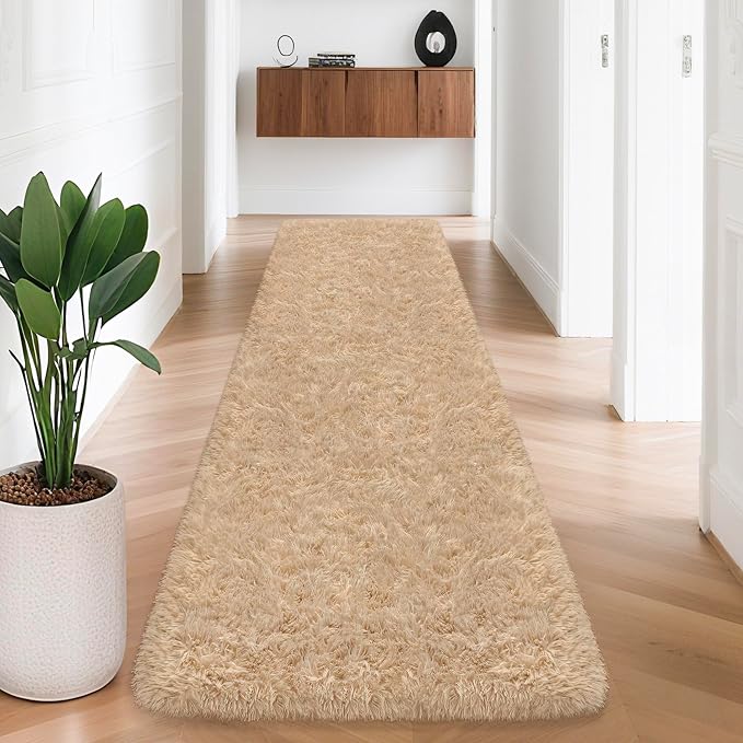 2x8 Bedside Area Rugs for Bedroom Soft Fluffy Shag Beige Rug for Hallway - Image 3