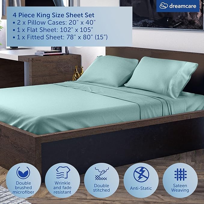 DREAMCARE King Size Sheets Set - Cooling Bed Sheets - 4pcs Set - up to 15" Deep Pocket King Sheet Set – Soft & Long Lasting Cooling - 100% Fine Brushed Microfiber with Side Pocket - Spa Blue