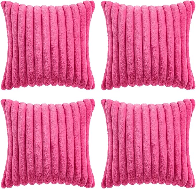 MIULEE Faux Fur Plush Decorative Throw Pillow Covers 18x18, Hot Pink | Set of 4 - Image 8