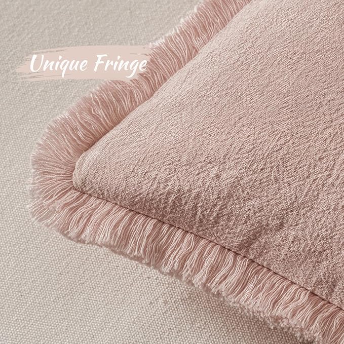MIULEE Boho Linen Fringe Decorative Throw Pillow Covers Light Pink 18x18 | Set - Image 3