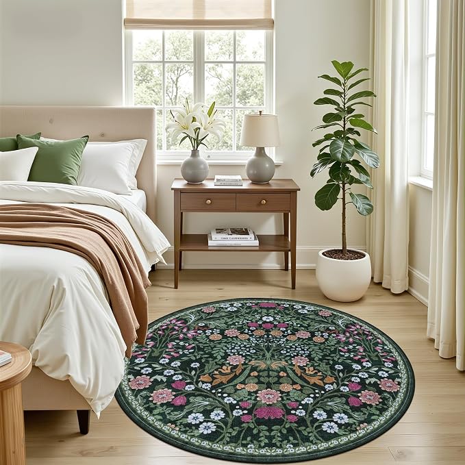 PLHXFR Round Area Rug Living Room: 4 ft Floral Washable Carpet Dark Green | - Image 3