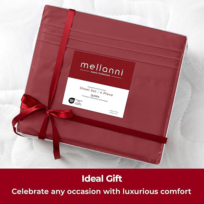 Mellanni Split King Sheets Set - 5 PC Iconic Collection Bedding - Hotel Luxury, Extra Soft, Cooling Bed Sheets - Wrinkle, Fade, Stain Resistant (Split King, Brick Red)