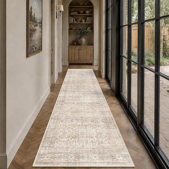 Schweek 3x10 Hallway Runners Washable Non Slip Vintage Beige Kitchen Rug | Soft by Schweek
