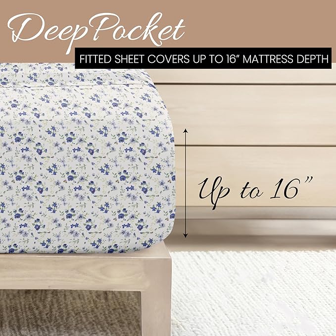 Linen Market 4 Piece King Sheet Set - Breathable, Double-Brushed Patterned Cooling Sheets – Oeko-TEX Certified Ultra Soft & Wrinkle-Free 16" Deep-Pocket King Sheets - Easy Care Blossoms Light Blue