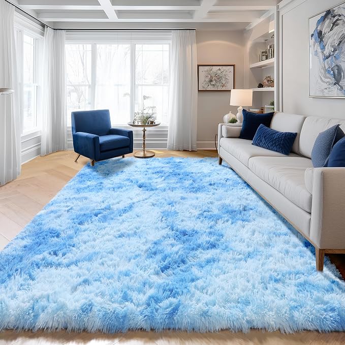 Tie-Dye Blue Rugs for Living Room Bedroom, Fluffy 5x8 Bedside Area Rug - Image 5
