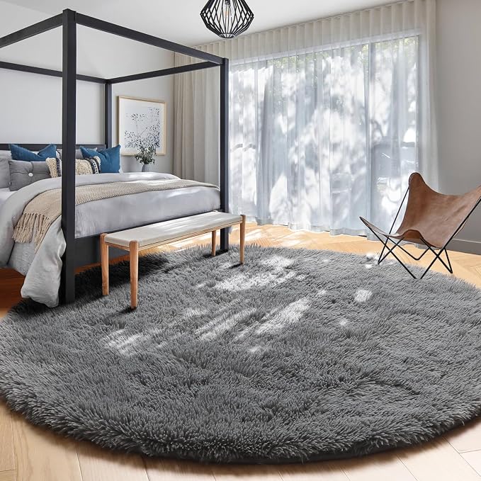 Amdrebio Grey Round Large Shaggy Plush Area Rug 7Ft - Image 7