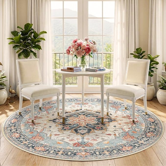 RELEANY Washable Area Rug, Round 5ft, Water Repellent, Pet Friendly, Vintage - Image 3