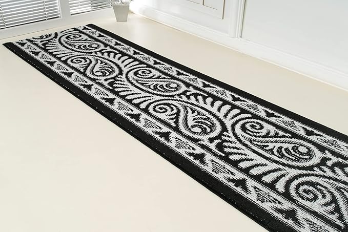 Custom Length Cut to Size Tribal Ethnic Southwestern Inspired Hallway Runner Rug, Non Slip Rubber Backed, 31 inch Wide X Customized Length, Mayan Black, 31 inch X 32 feet