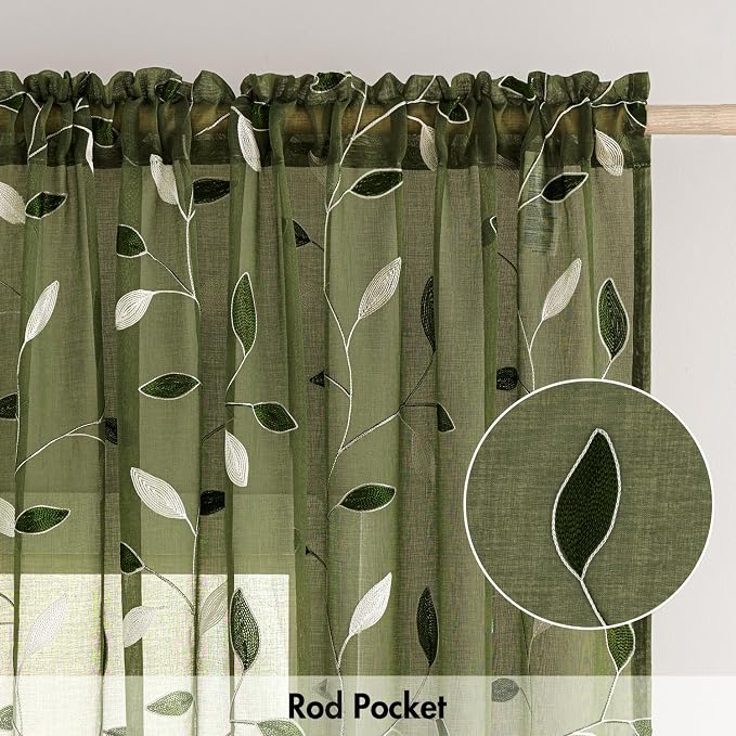 MIULEE Olive Green Sheer Curtains 2 Panels Leaf Patterned, W52 x L96 | - Image 6