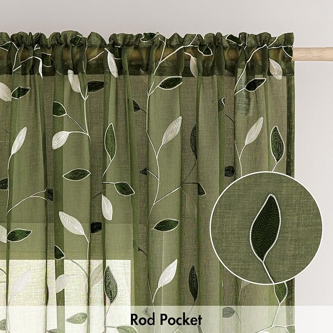 MIULEE Olive Green Sheer Curtains 2 Panels Leaf Patterned, W52 x L84 | - Image 6