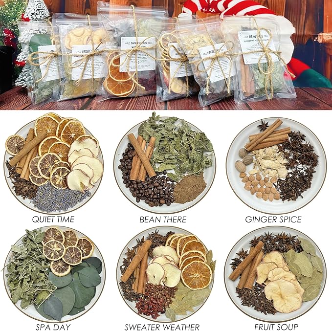 Potpourri Simmering, Set of 6 Stovetop Potpourri: Quiet Time, Spa Day, Ginger Spice, Fruit Soup, Bean There, Sweater Weather, Simmer Pot Ingredients for Home Fragrance, Housewarming, Hostess Gift